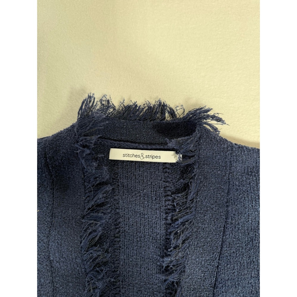 Stitches Stripes Women Cardigan Sweater Navy Blue Fringe Trim Open Front Pocket